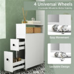Slim White Bathroom Storage Cabinet (20"x7.5"x28.5") - Fits Tight Spaces (Tub-Toilet Gap), 2 Drawers + Open Shelf + Wicker Baskets - Image 9