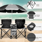 Portable Outdoor 2-Seat Folding Chair with Removable Sun Umbrella Black - Image 8