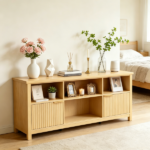 Not selling on Amazon Entertainment Center TV Stand with 4 Open Cubbies & 2 Fluted Hinged Storage Doors, Adjustable Inner Shelves, Cable Management Holes, Media Console Cabinet for Living Room Bedroom, 58.07 x 14.96 x 27.36 Inches, Embossed Melamine Faced Particleboard, Natural Oak - Image 12