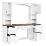 Farmhouse Arched Computer Desk with Hutch, Mid-Century Walnut Home Office Workstation with Charging Station & Keyboard Tray, All-in-One Writing Desk with File Drawer for Study, Office, White - Image 6