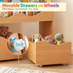 3-Tier Kids Bookshelf Toy Storage Organizer with 2 Rolling Drawers, Rounded Corner Anti-Tipping Toddler Bookcase Engineered Wood for Playroom Bedroom Nursery Classroom - Natural - Image 8