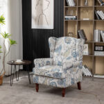 Modern Accent Chair with Retro Wood Legs, Comfy Upholstered Armchair, Floral Design Single Sofa Chair for Living Room Bedroom Office - Floral Blue - Image 9