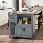 Gray Kitchen Island Cart with Microwave Shelf, Drawer & 2-Door Cabinet, 360° Swivel Casters - Image 3