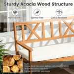 2 Person Acacia Wood Outdoor Loveseat Bench with Removable White Sponge Cushion, Heavy Duty Patio Garden Bench X-Shaped Backrest Armchair Slatted Seat for Backyard Porch Natural Wood Finish - Image 4