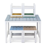 5-piece children's patio table and chair set (1 table + 4 stools), 29.5 inches, blue-khaki, light orange, blue-green color blocking, made of poplar wood - Image 3