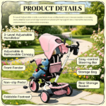Pink 6-in-1 Convertible Kids Tricycle: 1-5Y Stroller Trike with Adjustable Push Handle, Removable Canopy & Reversible Seat - Image 7