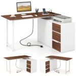 Reversible L-Shaped Desk with Built-in Charging Station, Home Office Desk with Drawers & File Cabinet - White