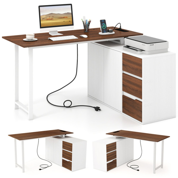 Reversible L-Shaped Desk with Built-in Charging Station, Home Office Desk with Drawers & File Cabinet - White