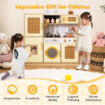 Kids Wooden Kitchen Playset 3+ with Fridge Sink Washing Machine with Realistic Light Sound Rattan Doors - Yellow - Image 10