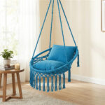 Navy Boho Macrame Hanging Swing Chair with 2 Padded Cushions, 330LBS Capacity Hammock Chair for Indoor Outdoor Bedroom Patio Balcony - Image 6