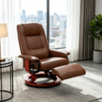 Brown Swivel Recliner Chair PU Leather Reclining Armchair Retractable Footrest Wood Base Adjustable High Back for Small Spaces Living Room RV Bedroom