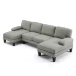 U-Shaped Convertible Sectional Sofa with 2 Short Chaise Lounges, 4-Seater Modular Chenille Fabric Couch with Plastic Legs, 111.4" L x 48.4" D x 33.1" H Indoor Living Room Combination Sofa, Grey Blue