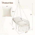 Beige Boho Macrame Hanging Swing Chair with 2 Padded Cushions, 330LBS Capacity Hammock Chair for Indoor Outdoor Bedroom Patio Balcony - Image 4
