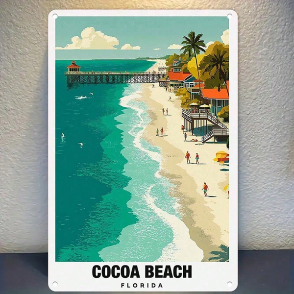 CIFbuy 1pc Retro Cocoa Beach Florida Metal Tin Sign, Vibrant Coastal Paradise Travel Poster Wall Art, Durable Iron Home Decor TikTok, TikTok, ravel Poster Wall Art Self-pickup Logiopics