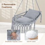 Gray Boho Macrame Hanging Swing Chair with 2 Padded Cushions, 330LBS Capacity Hammock Chair for Indoor Outdoor Bedroom Patio Balcony - Image 8