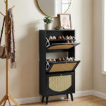 Rattan-fronted 3-tier shoe cabinet, particleboard, 54*24*135 cm, black