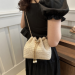 Ladies' mini straw woven bucket crossbody bag, hand woven pearl decoration drawstring straw woven small bag, gold chain shoulder bag, summer beach vacation special - Image 3