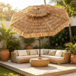 10ft Double Tier Hawaiian Tiki Patio Umbrella with Push Button 30° Tilt & Crank Lift, 8 Metal Ribs PE Thatch Tropical Outdoor Shade Canopy Ventilated Top for Backyard Poolside Brown - Image 4