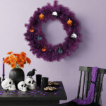24in Pre-lit Halloween-Themed Christmas Wreath, Lighted Artificial Xmas Wreath with 50 Purple & Orange Lights and 100 PVC Tips and DIY Ball Ornaments, for Front Door Gate Wall Xmas Party Decorations - Image 6