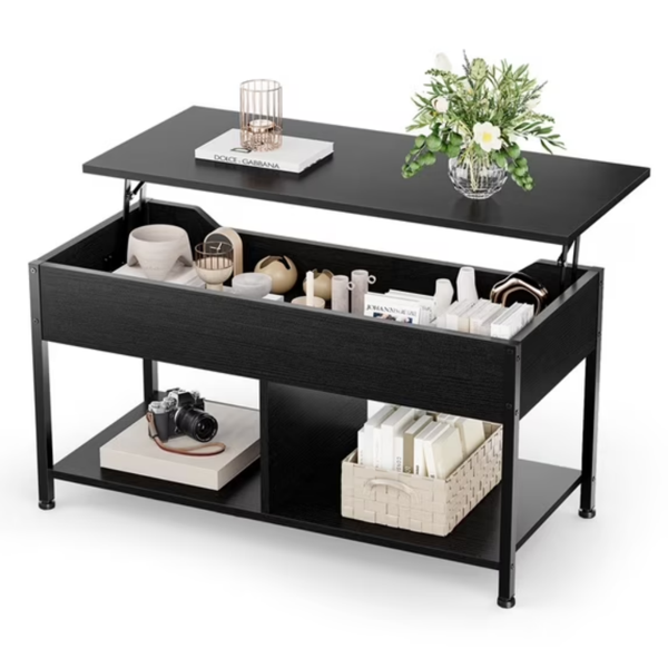 Lift Top Coffee Table with Storage 39" Center Table with Hidden Compartment & 2 Shelves Farmhouse, Wood Coffee Table for Living Room with Sturdy Lift-Top Adjustable Feet Black (Shipment from Walmart)