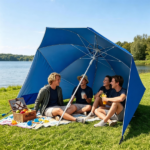 2-in-1 Portable Beach Umbrella with Side Panels UPF 50+ Silver Coated Oxford Cloth, Wind Resistant Vented Canopy with Sand Anchor Stakes Wind Ropes - Blue - Image 4