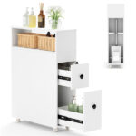 Slim White Bathroom Storage Cabinet (20"x7.5"x28.5") - Fits Tight Spaces (Tub-Toilet Gap), 2 Drawers + Open Shelf + Wicker Baskets - Image 2