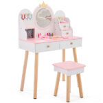 White and pink crown element, MDF + particleboard + solid wood legs, painted and melamine laminated, 4-drawer children's dressing table set - Image 3
