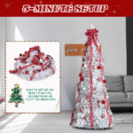 6 FT Fully Decorated Pre-lit Christmas Tree, Pop Up Artificial Xmas Tree with 100 Warm Lights and Red Ornaments for Home Office Store Holiday Deco, White - Image 2