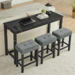 59 Inch Bar Table, Dining Table, Sofa Table with Power Outlet, 3 Upholstered Stools, 4 Piece Bar Table and Chair Set for Living Room, Dining Room, Kitchen - Image 8