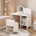 Kids Vanity Table with Mirror and Chair, Wooden Children's Dressing Makeup Desk with Storage Shelves, Study and Activity Table for Girls and Boys, Playroom Bedroom Furniture - White
