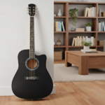 Matte black 41-inch Dreadnought barrel-shaped cutaway acoustic guitar with pick, strings, capo, gig bag, tuner, wrench tool, and shoulder strap - Image 13