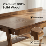 Solid Wood Writing Desk, Home Office Desk for Small Spaces, Mid Century Modern Desks with 2 Drawers & Storage Shelf, Standing Desk with Side Hooks for Study, Bedroom, Office (Walnut) - Image 8