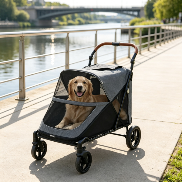 Gray Heavy Duty Dog Stroller – Up to 66 LBS, All-Terrain Suspension for Backyard & Park Use