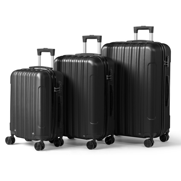 ABS Trolley Case 20in 24in 28in 3PCS Suitcase Set Vertical Striped Frosted Case Suitcase Black