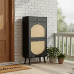 Rattan-front shoe cabinet with 1 drawer and 2 flip-down compartments, particleboard, 54*24*110cm, black