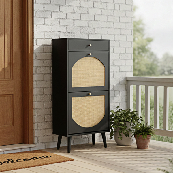Rattan-front shoe cabinet with 1 drawer and 2 flip-down compartments, particleboard, 54*24*110cm, black