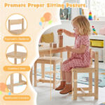 Kids Wooden Table and Chairs Set (1 Table + 4 Chairs), Rubber Wood Toddler Activity Set (Natural - Image 7