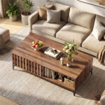 47 Inch Mid-Century Coffee Table with Storage Cabinets & Open Compartment, Walnut Wooden Look Accent Table with Heavy-Duty Metal Legs for Living Room - Image 11
