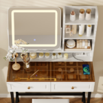 Makeup Vanity with LED Lighted Mirror, 360° Rotatable Mirror, Vanity Desk with 2 Drawers,Power Outlet and 3-Tier Shelves, Amber Glass Table Top, Dressing Table with Sturdy Metal Leg and Stool, White - Image 12