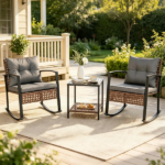 3-Piece Outdoor PE Rattan Rocking Chair Conversation Set with 2-Tier Glass Coffee Table, Heavy Duty Metal Frame Patio Rockers with Zipper Removable Gray Cushions & Back Pillows Mixed Brown Wicker for Backyard Porch Poolside - Image 8