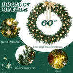 60in Pre-lit Christmas Wreath, Lighted Artificial Xmas Wreath with 220 Warm White Lights and 600 PVC Tips and DIY Ornaments, for Front Door Gate Wall Xmas Party Decorations, Light Green & Golden - Image 2