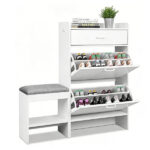 2-tier shoe cabinet with top flip-up lid and drawer, padded shoe changing bench, 1 hook, particleboard, 100*25*117cm, white - Image 4