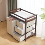Brown painted pine wood frame children's bed with removable top, 87*53*87.5cm, includes 3 fabric drawers and 1 fabric bag, and a changing table - Image 28
