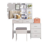 Old Code 36347634 Particleboard Triamine Veneer 5 Pumps 2 Shelves Mirror Cabinet Three Dimming Light Bulb Dressing Table Set White