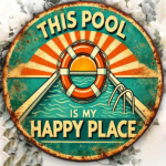 CIFbuy 1pc 8x8in 2D Flat Round Sign, "My Happy Place" Flat Round Sign, Sign, Retro "My Happy Place" Swimming Pool Plaque TikTok, temu Self-pickup Logiaqics - Image 3