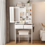Small Makeup Vanity Desk with Mirror & Adjustable LED Lights,Built-in Power Outlet & Hidden Storage, Includes padded stool & Shelf,Space-Saving Dressing Table for Small Bedrooms,White - Image 8