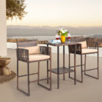 Outdoor 3 Piece Patio Bar Set, Bar Height Bistro Table Set for 2 People, High Top Wicker Bar Stools and Table Outdoor Bar Set with Cushions and Pillows, Brown Gradient Rattan & Beige Cushion - Image 7