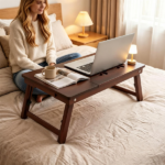 Adjustable Bamboo Laptop Bed Tray with Storage Drawer, 4 Tilt Angles 9"-11.5" Height Foldable Lap Desk Ventilation Holes Anti-Fall Baffle for Bed Sofa Picnic Brown - Image 10