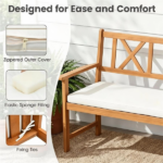 2 Person Acacia Wood Outdoor Loveseat Bench with Removable White Sponge Cushion, Heavy Duty Patio Garden Bench X-Shaped Backrest Armchair Slatted Seat for Backyard Porch Natural Wood Finish - Image 3