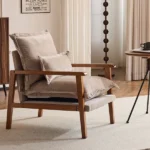 Cloud Shaped Indoor Leisure Chair with Solid Wood Armrest, Metal Frame, Chenille Fabric Accent Chair with Lumbar Pillow, Single Sofa Chair Khaki - Image 23